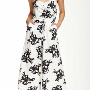 WIDE LEG WHITE JUMPSUIT WITH BLACK FLORAL - SIZE M
